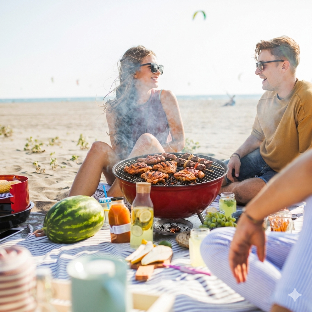 people on the beach grilling in a pinic setup and enjoying their time. Big smiles on a sunny summer day