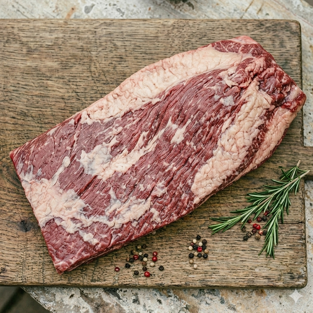Raw meat slab on a wooden cutting board with rosemary and peppercorns.