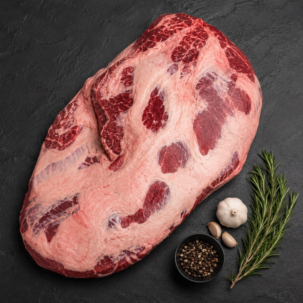 Raw beef brisket on a dark surface with herbs and spices